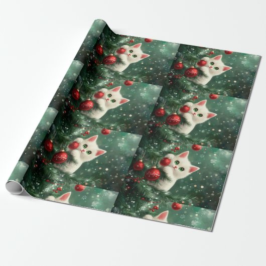 Christmas Cat Climbing Xmas Tree Cadeaupapier (Uitgerold)