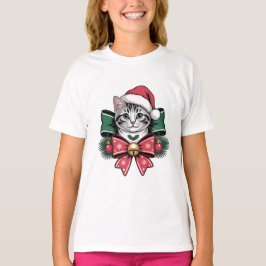 Christmas Cat Cute Festive Kitty with Santa Hat  T-shirt