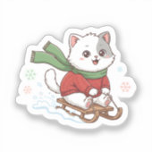 Christmas Cat – Cute Winter Cat Sledding design Sticker (Voorkant)