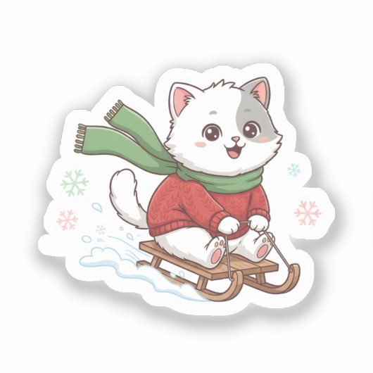 Christmas Cat – Cute Winter Cat Sledding design Sticker (Voorkant)
