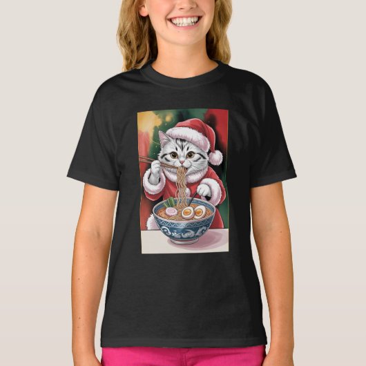 Christmas Cat Eating Ramen Holiday Tee T-shirt (Voorkant)
