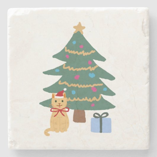 Christmas Cat Illustration Tree Stenen Onderzetter (Voorkant)