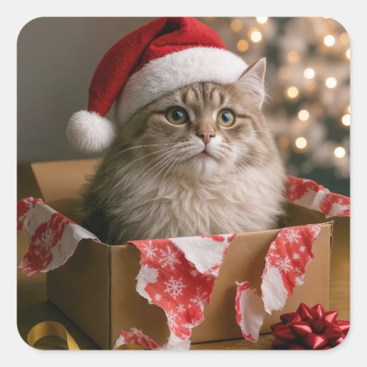 Christmas Cat in a Box Vierkante Sticker (Voorkant)