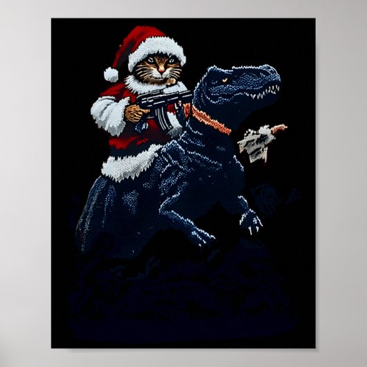 Christmas Cat In Santa Hat Holding A Gun And Dinos Poster (Voorkant)