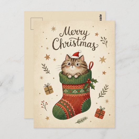 Christmas Cat in Stocking Briefkaart (Voorkant / Achterkant)