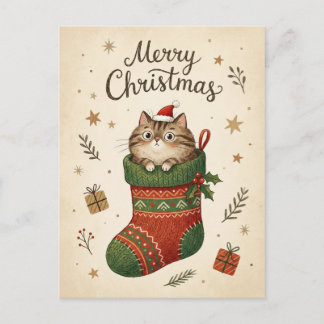 Christmas Cat in Stocking Briefkaart