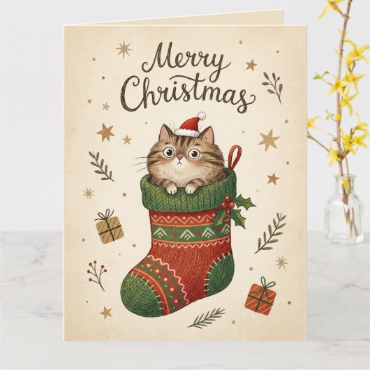 Christmas Cat in Stocking Kaart (Gele Bloem)