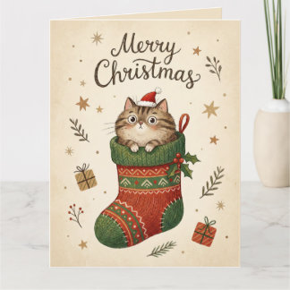 Christmas Cat in Stocking Kaart