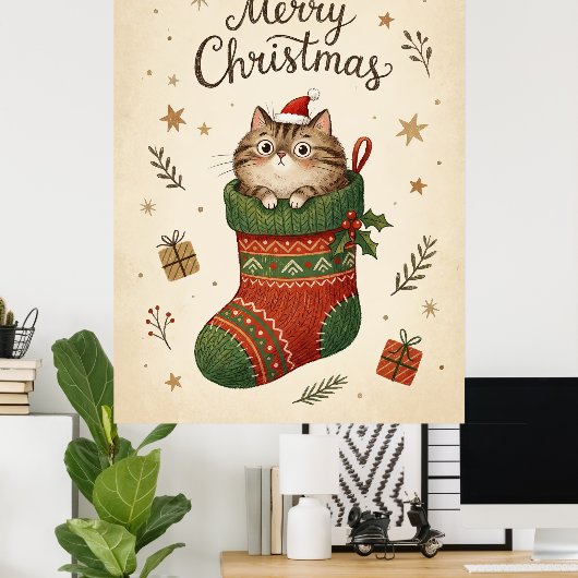 Christmas Cat in Stocking Poster (Thuiskantoor)