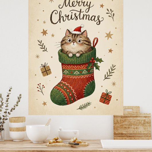 Christmas Cat in Stocking Poster (Keuken)
