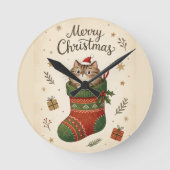 Christmas Cat in Stocking Ronde Klok (Voorkant)
