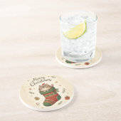 Christmas Cat in Stocking Zandsteen Onderzetter (Zijkant)