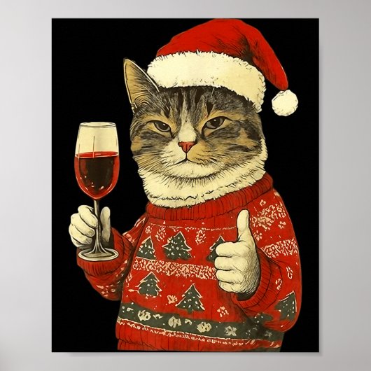 Christmas Cat Likes Cute Cat Drinking Wine With Sa Poster (Voorkant)