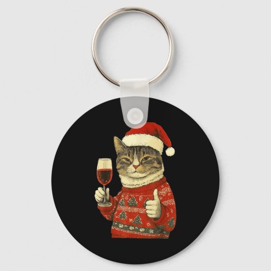 Christmas Cat Likes Cute Cat Drinking Wine With Sa Sleutelhanger (Voorkant)