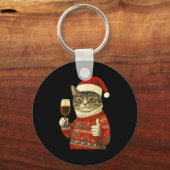 Christmas Cat Likes Cute Cat Drinking Wine With Sa Sleutelhanger (Voorkant)