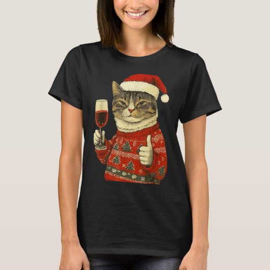 Christmas Cat Likes Cute Cat Drinking Wine With Sa T-shirt (Voorkant)