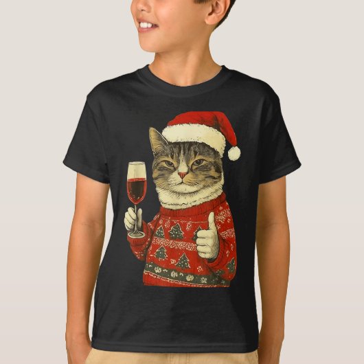 Christmas Cat Likes Cute Cat Drinking Wine With Sa T-shirt (Voorkant)