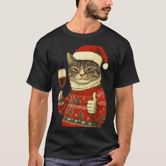 Christmas Cat Likes Cute Cat Drinking Wine With Sa T-shirt (Voorkant)