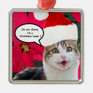 CHRISTMAS CAT MET SANTA CLAUS PET EN POINSETTIAS METALEN ORNAMENT