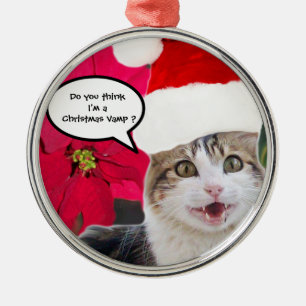 CHRISTMAS CAT MET SANTA CLAUS PET EN POINSETTIAS METALEN ORNAMENT