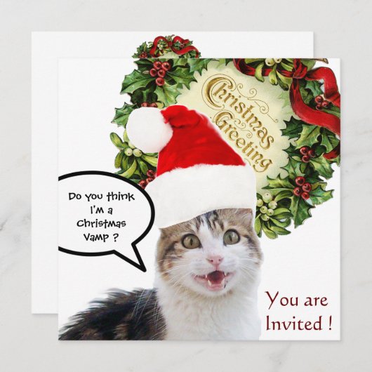 CHRISTMAS CAT MET SANTA CLAUS PET HOLIDAY PARTY KAART (Voorkant / Achterkant)