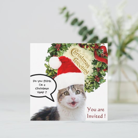 CHRISTMAS CAT MET SANTA CLAUS PET HOLIDAY PARTY KAART (Staand voorkant)