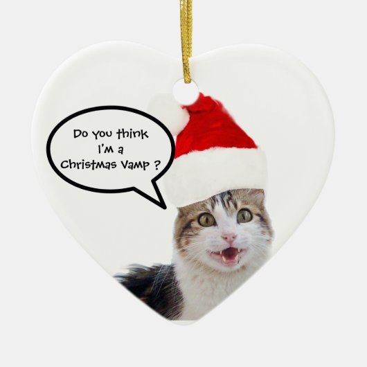 CHRISTMAS CAT MET SANTA CLAUS PET RUBY HEART KERAMISCH ORNAMENT (Voorkant)
