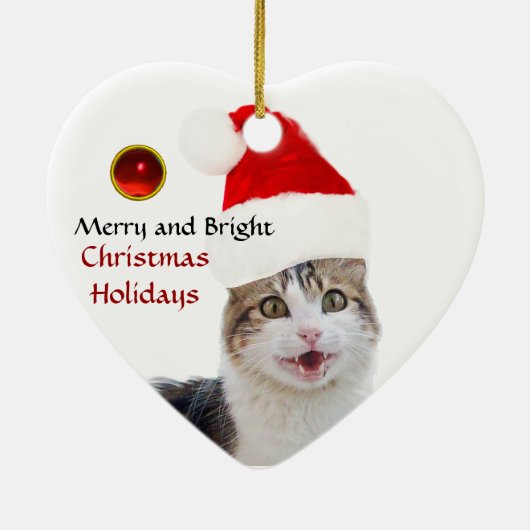 CHRISTMAS CAT MET SANTA CLAUS PET RUBY HEART KERAMISCH ORNAMENT (Achterkant)