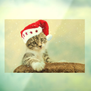 CHRISTMAS CAT MET SANTA HAT Window Cling Raamsticker