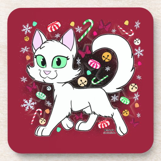 Christmas Cat Round Pillow (Red) Bier Onderzetter (Voorkant)