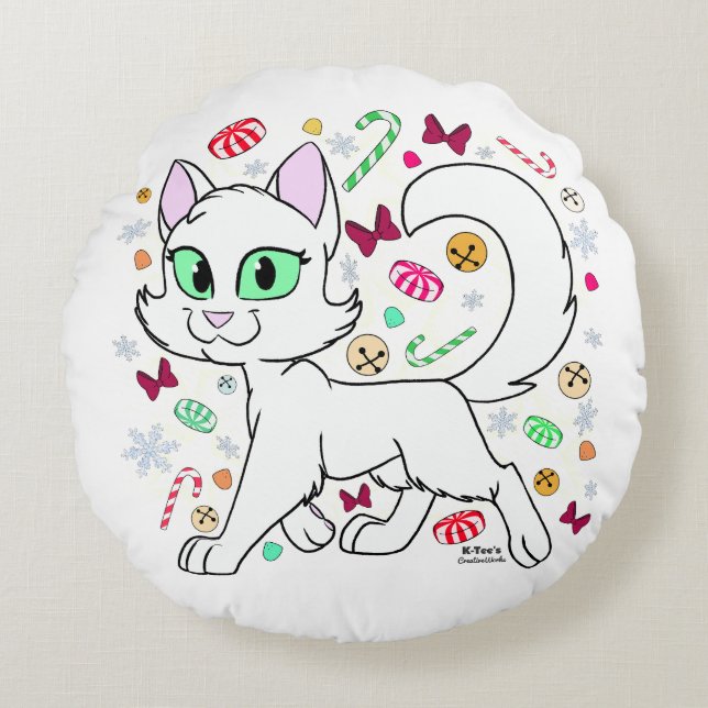 Christmas Cat Round Pillow (White) Rond Kussen (Voorkant)