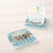 Christmas Cat Skaters Pink, Glass Coaster Glazen Onderzetter (Schuin)