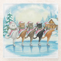 Christmas Cat Skaters Pink, Glass Coaster