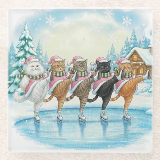 Christmas Cat Skaters Pink, Glass Coaster Glazen Onderzetter (Voorkant)