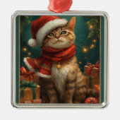 Christmas Cat Square Metal Ornament (Voorkant)