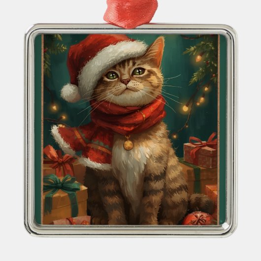 Christmas Cat Square Metal Ornament (Voorkant)