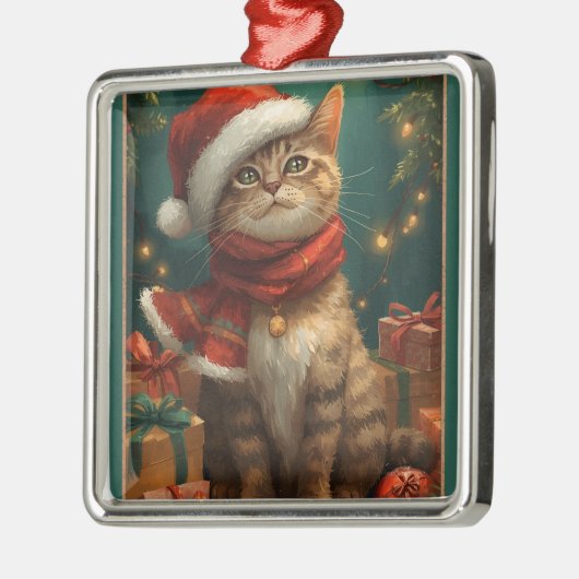 Christmas Cat Square Metal Ornament (Links)