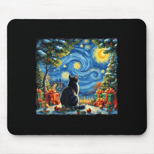 Christmas Cat Starry Night Van Gogh Santa Winter G Muismat (Voorkant)
