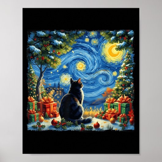 Christmas Cat Starry Night Van Gogh Santa Winter G Poster (Voorkant)