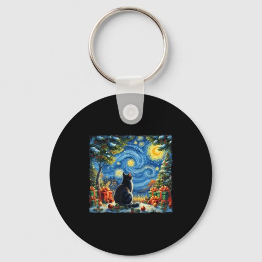 Christmas Cat Starry Night Van Gogh Santa Winter G Sleutelhanger (Voorkant)