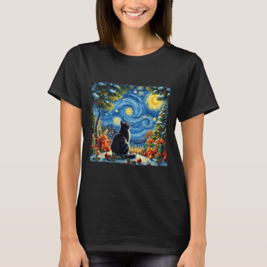 Christmas Cat Starry Night Van Gogh Santa Winter G T-shirt (Voorkant)