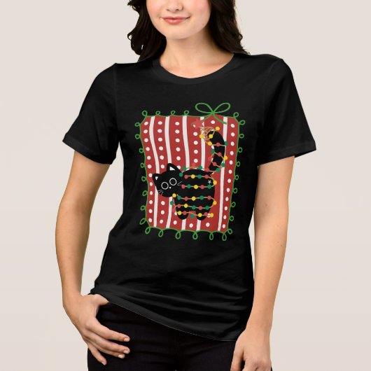 Christmas Cat Tangled in Lights – Cute Funny Tri-Blend Shirt (Voorkant)