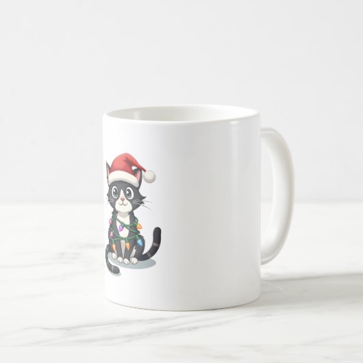 Christmas Cat Tuxedo black cat xmas lights kitty c Koffiemok (Voorkant rechts)
