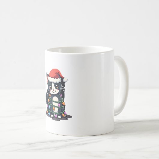 Christmas Cat Tuxedo black cat xmas lights kitty c Koffiemok (Voorkant rechts)