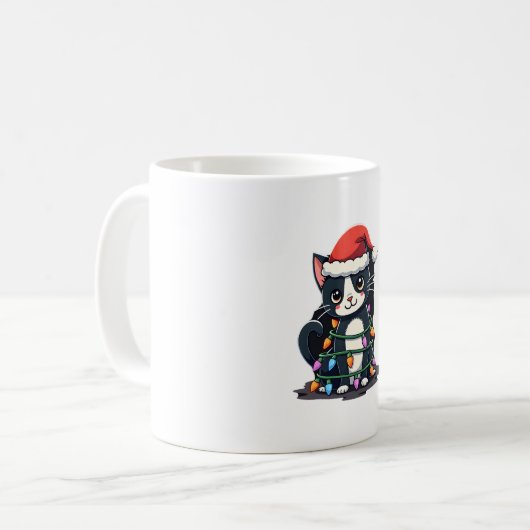 Christmas Cat Tuxedo black cat xmas lights kitty c Koffiemok (Voorkant links)