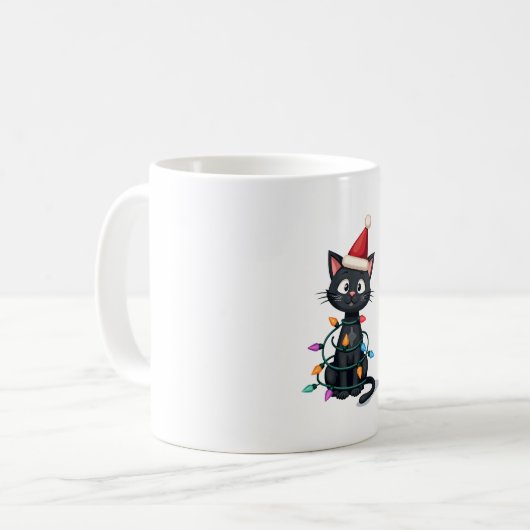 Christmas Cat Tuxedo black cat xmas lights kitty c Koffiemok (Voorkant links)