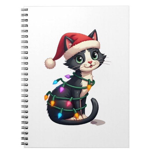 Christmas Cat Tuxedo black cat xmas lights kitty c Notitieboek (Voorkant)