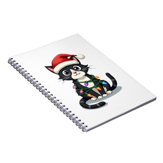 Christmas Cat Tuxedo black cat xmas lights kitty c Notitieboek (Rechterzijde)