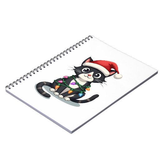 Christmas Cat Tuxedo black cat xmas lights kitty c Notitieboek (Linkerzijde)