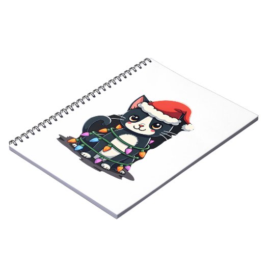 Christmas Cat Tuxedo black cat xmas lights kitty c Notitieboek (Linkerzijde)